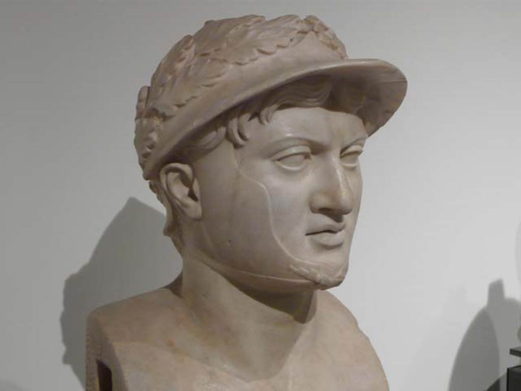 Villa dei Papiri, Herculaneum. Marble bust of Pyrrhus.
Found in 1757, south side between the portico and the pond.
Now in Naples Archaeological Museum. Inventory number 6150.
Photo courtesy of Buzz Ferebee.
